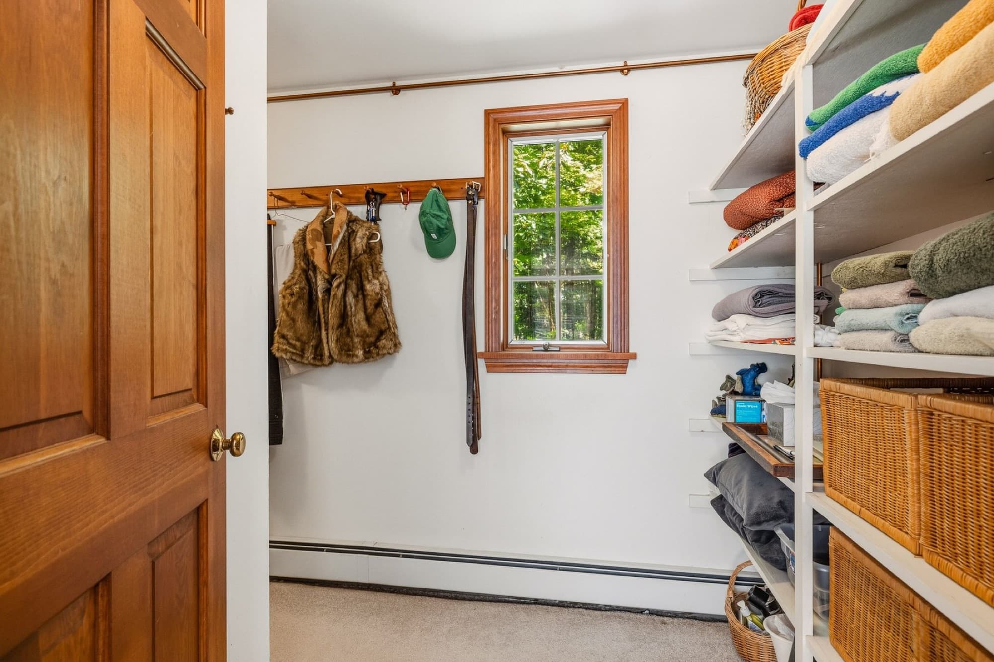 The primary suite's walk-in closet with shelving and a window